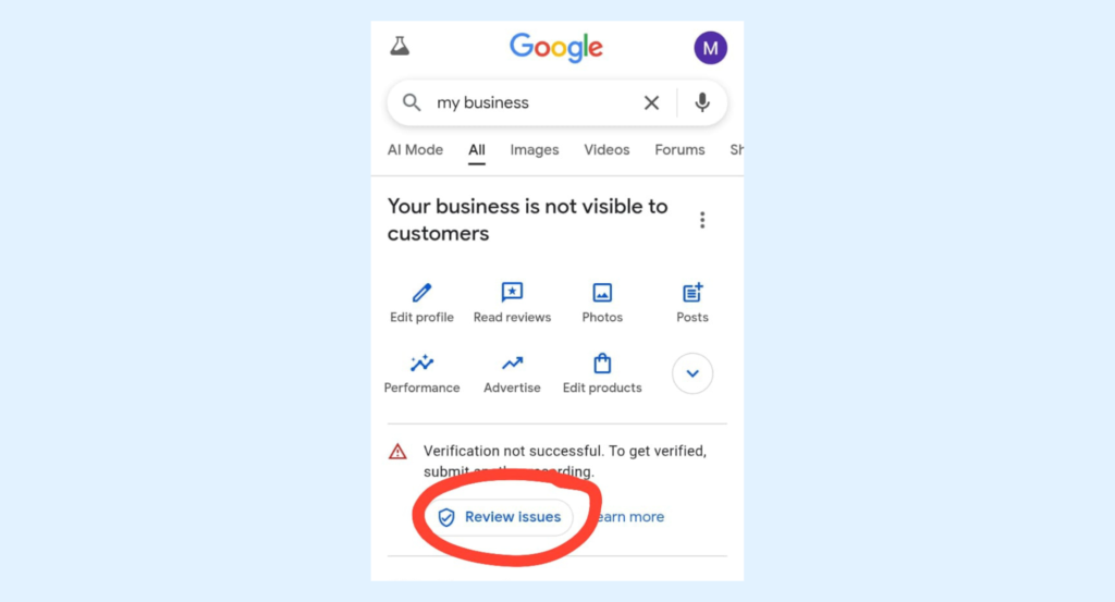 Google business profile verification failed